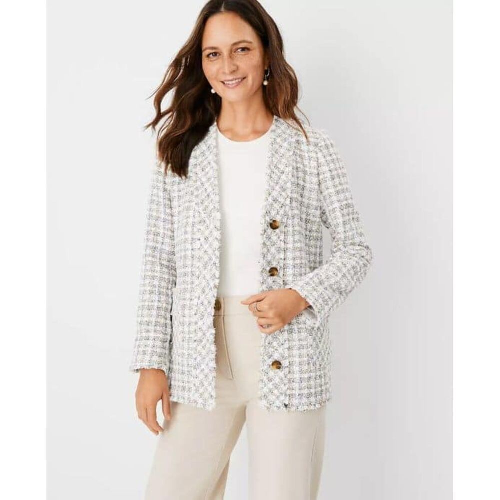 Talbots Long Tweed Blazer Jacket Women's 14 Gray Cream Relaxed Old Money Preppy